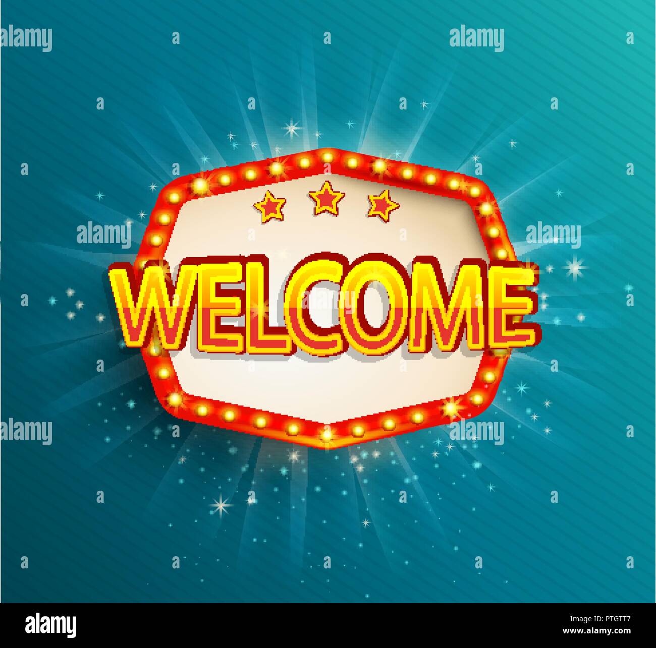The welcome retro banner with glowing lamps. Vector illustration with shining lights frame in vintage style. Greetings to casino, gambling, cinema, new city for travelers. Stock Vector