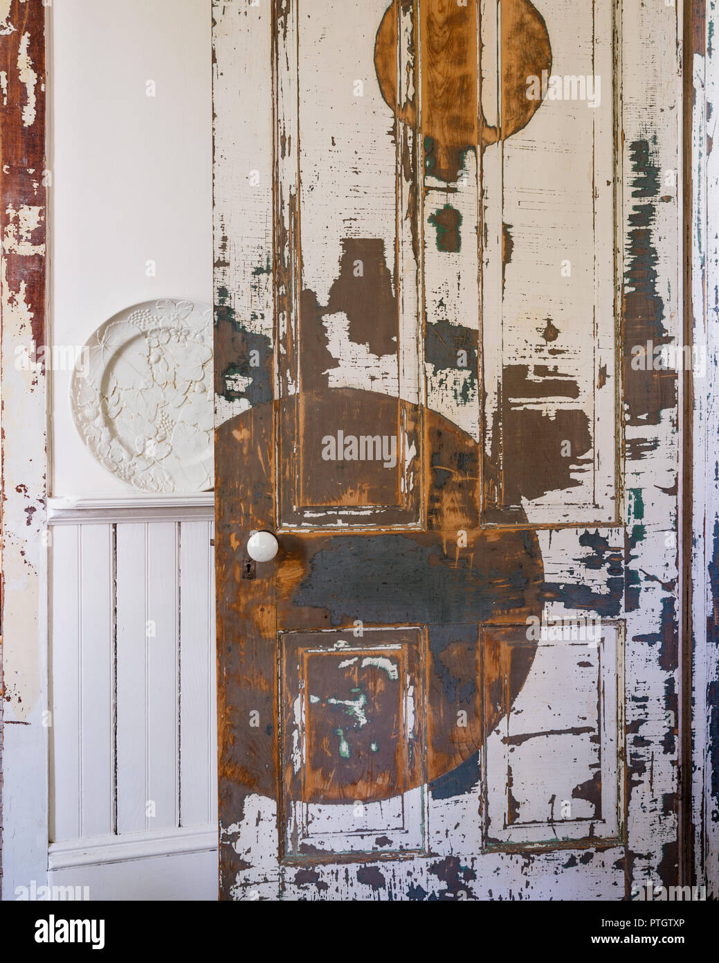 Door by Houston artist Dean Ruck who uses salvaged building materials for his work. Stock Photo