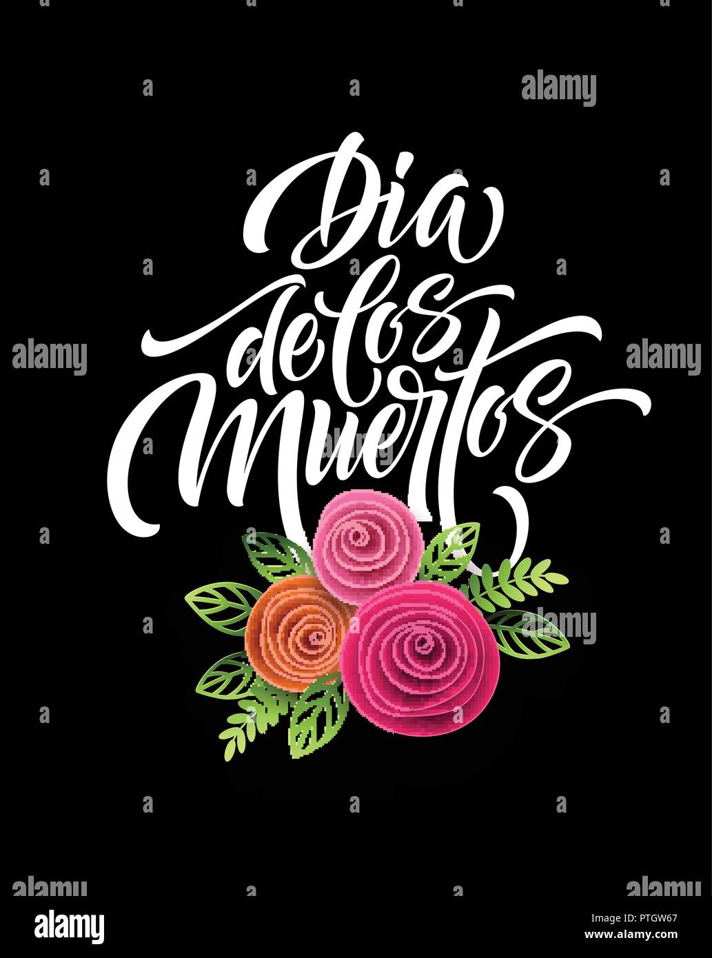 Day of the dead. Mexican flowers traditional embroidery with typography letters. Floral lettering Dia de los Muertos. Vector illustration Stock Vector