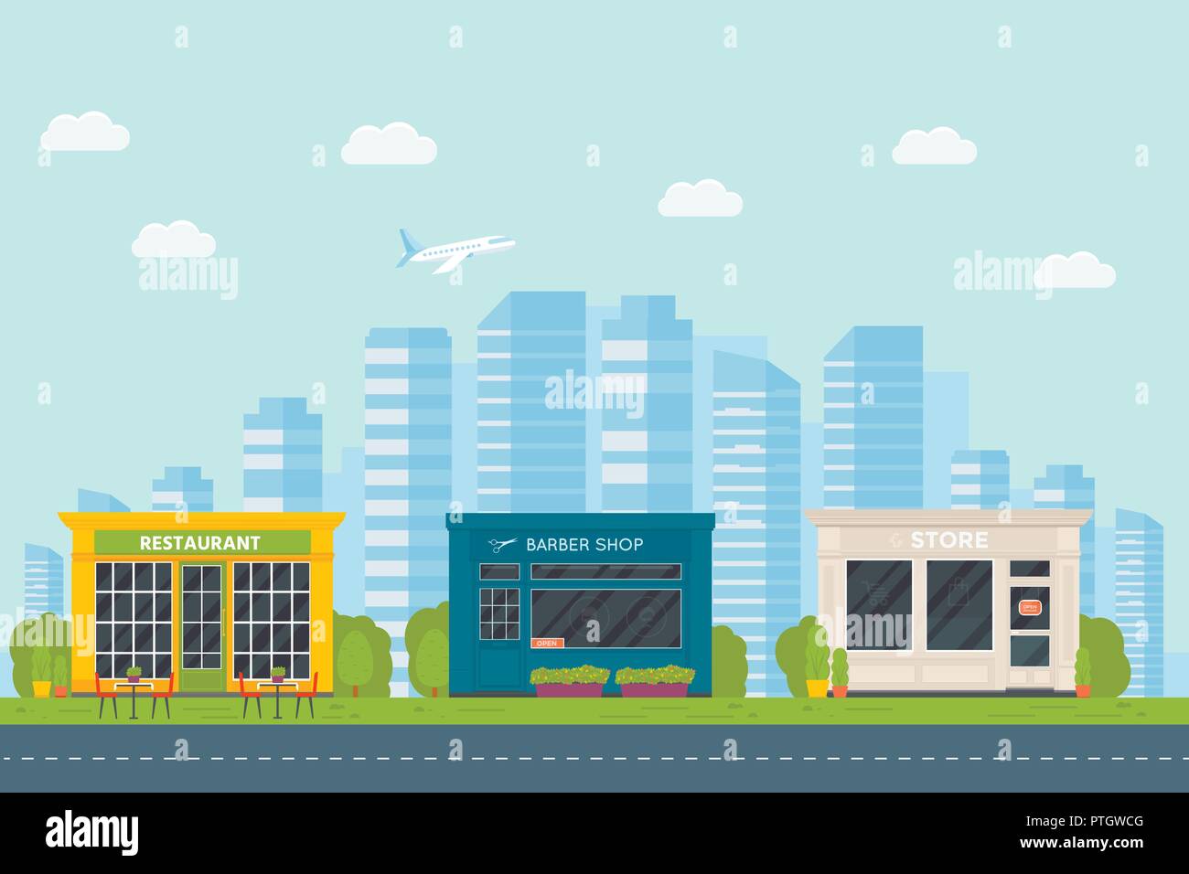 Set of vector flat design restaurants exterior and shops facade: barber ...