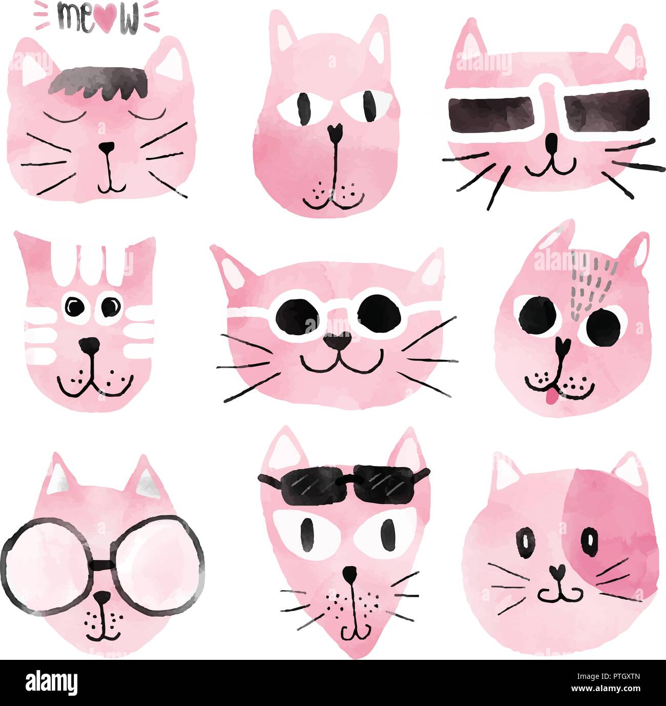 Pink Watercolour Funny Cat Faces Set Stock Vector Image Art Alamy