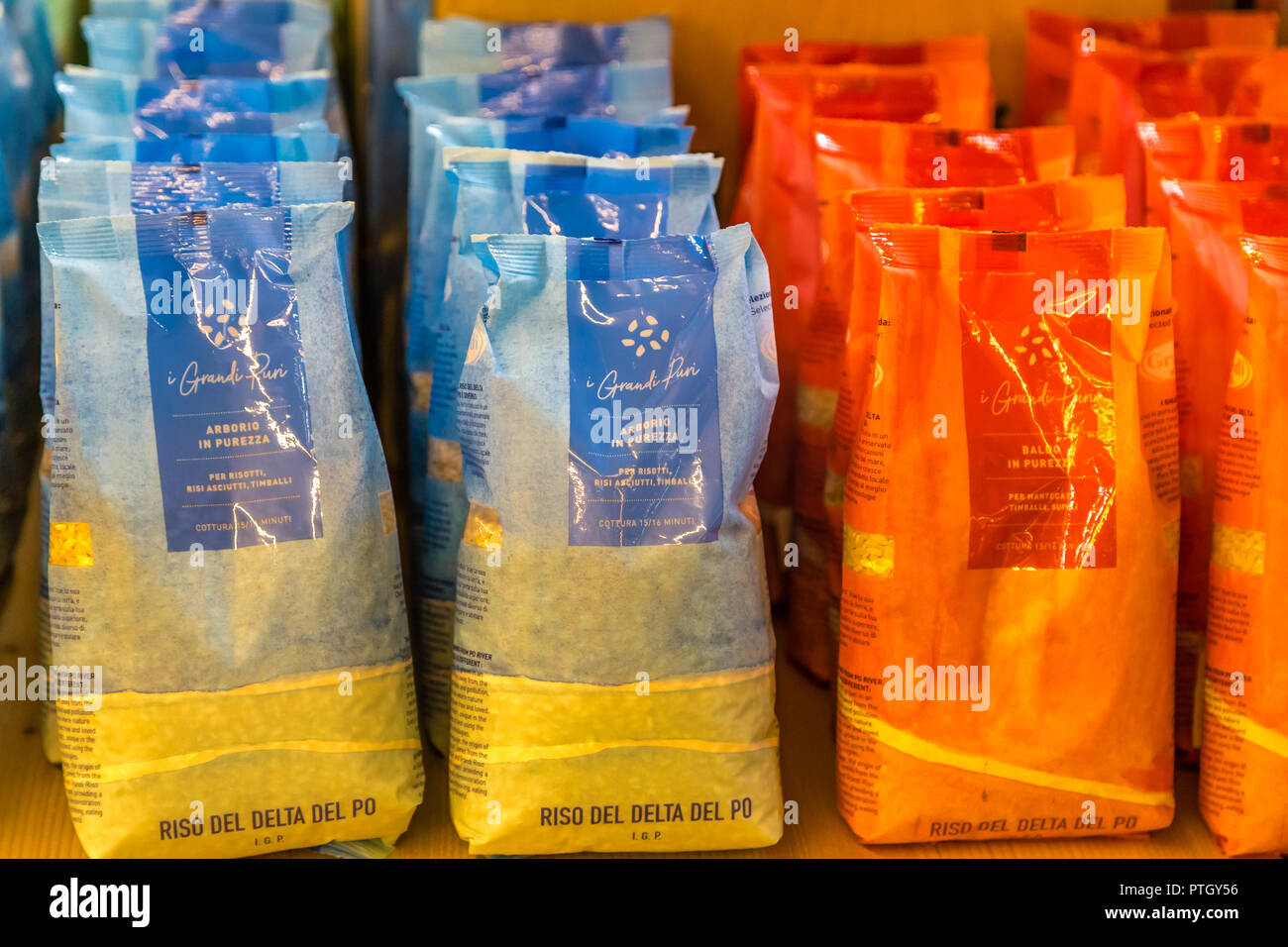 BOLOGNA, ITALY - OCTOBER 2, 2018: lights are enlightening IGP pure rices from GRANDIRISO at FICO EATALY WORLD, the largest agri-food park in the world Stock Photo