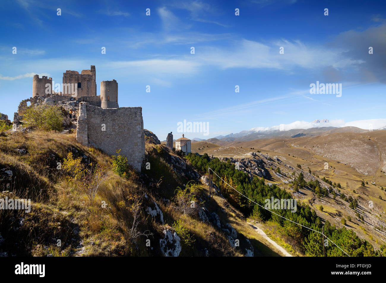 The 10th Century Rocca Calascio, a mountaintop fortress near the hilltown of Santo Stefano di Sessanio in the Province of L'Aquila in Abruzzo, Italy.  Stock Photo