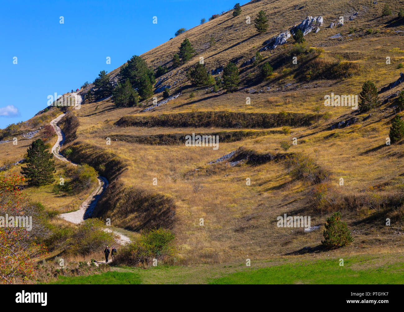 The track to the 10th Century Rocca Calascio in the Province of L'Aquila in Abruzzo, Italy. Stock Photo