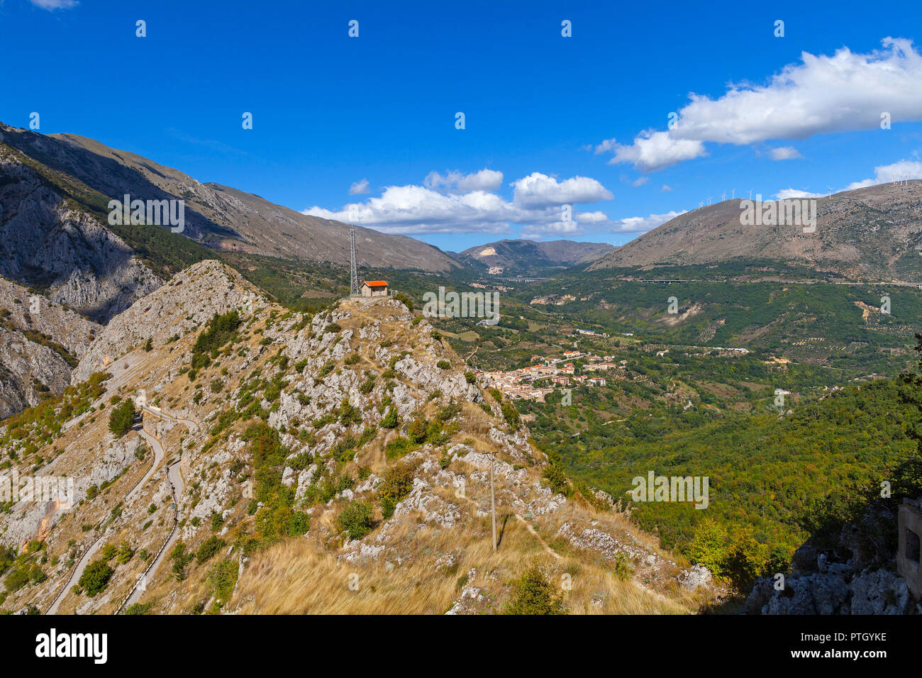 Aerial on a rocky outcrop at Castrovalva,  in the Province of L'Aquila, Abruzzo region, Italy, overlooking Natural Reserve of the Gorges of Sagittario Stock Photo