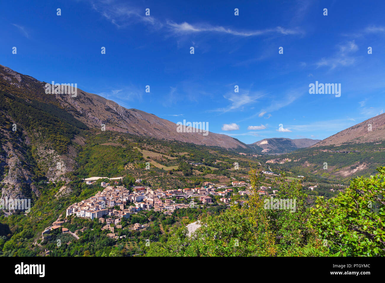 A distant view of Anversa degli Abruzzi a town in the province of L'Aquila in the Abruzzo region of southern Italy. Stock Photo