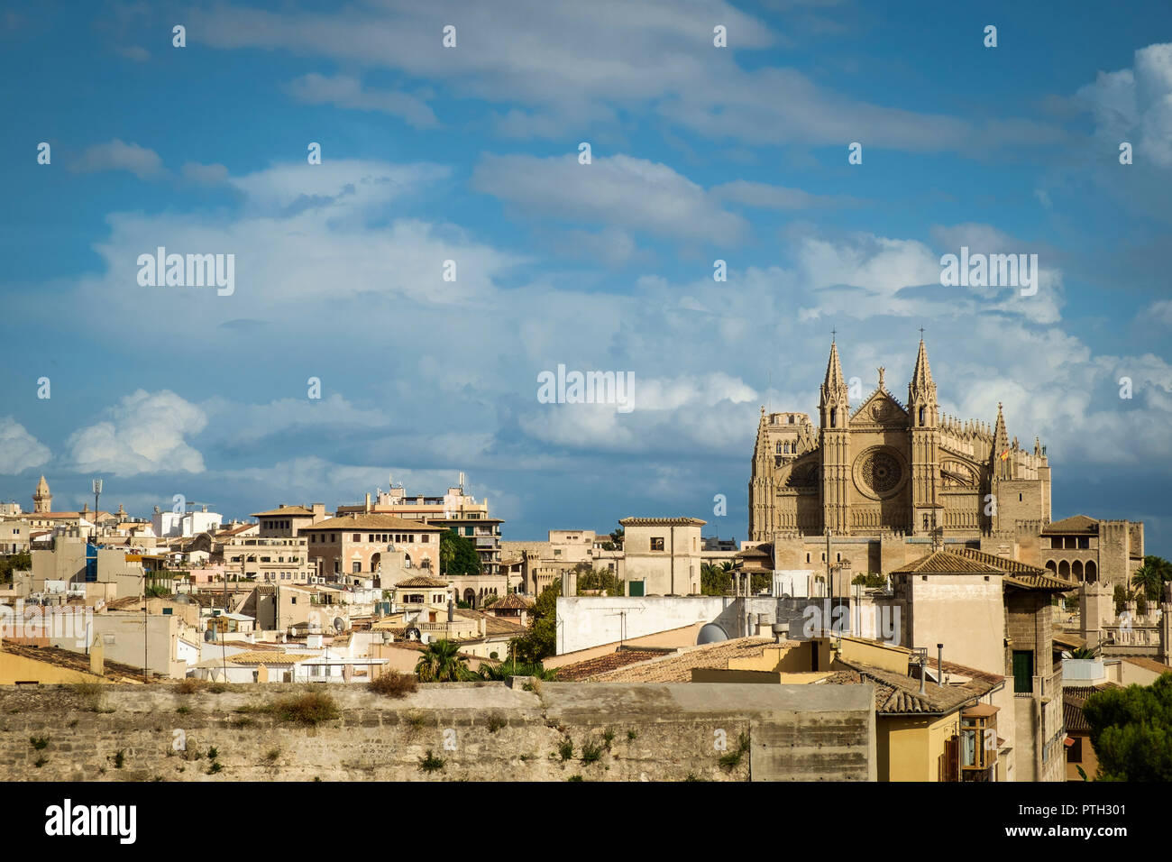 The roof tops of Palma with The Cathedral of Santa Maria, Mallorca, Spain. Stock Photo
