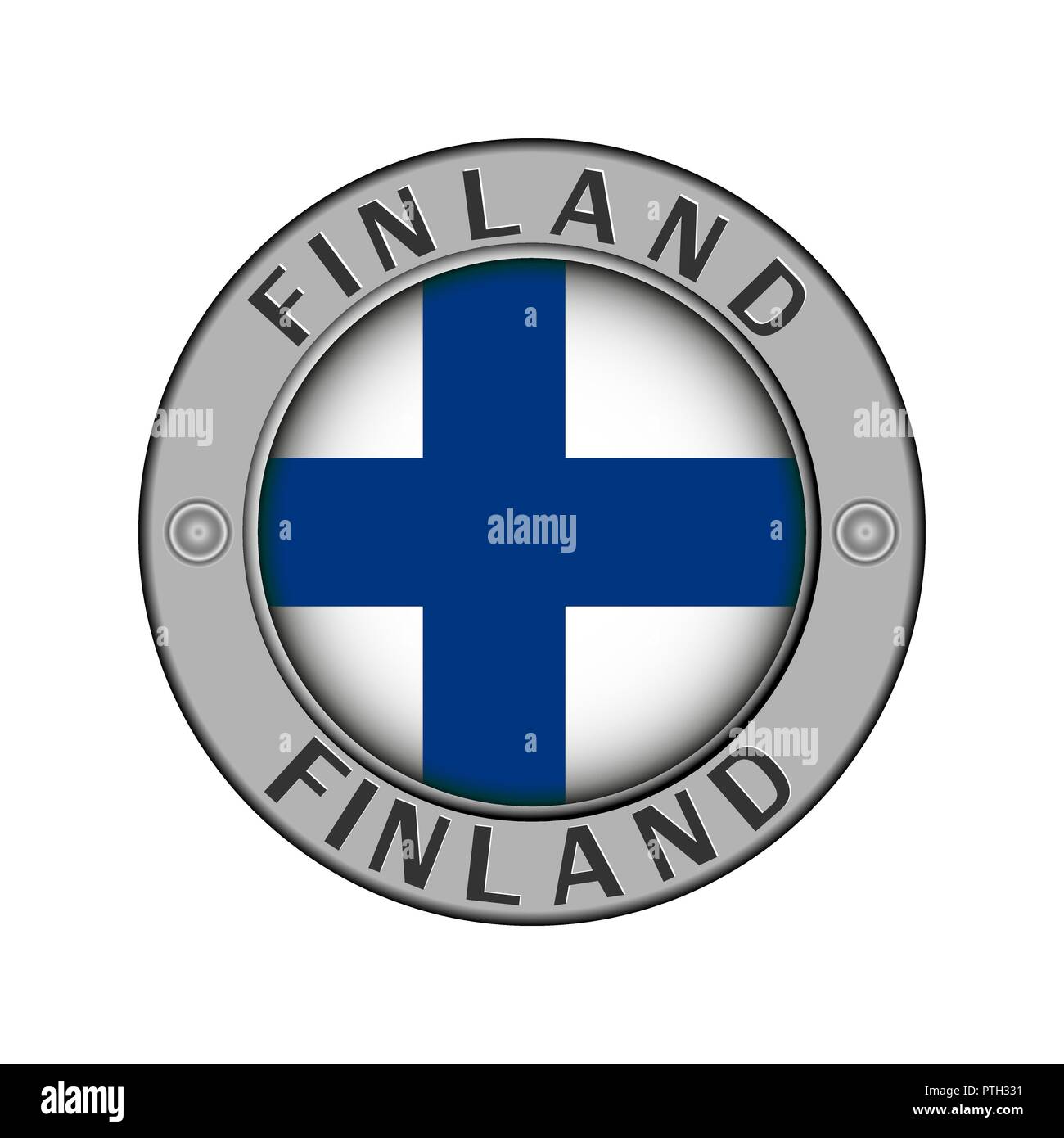 Round metal medallion with the name of the country of Finland and a round flag in the center Stock Vector