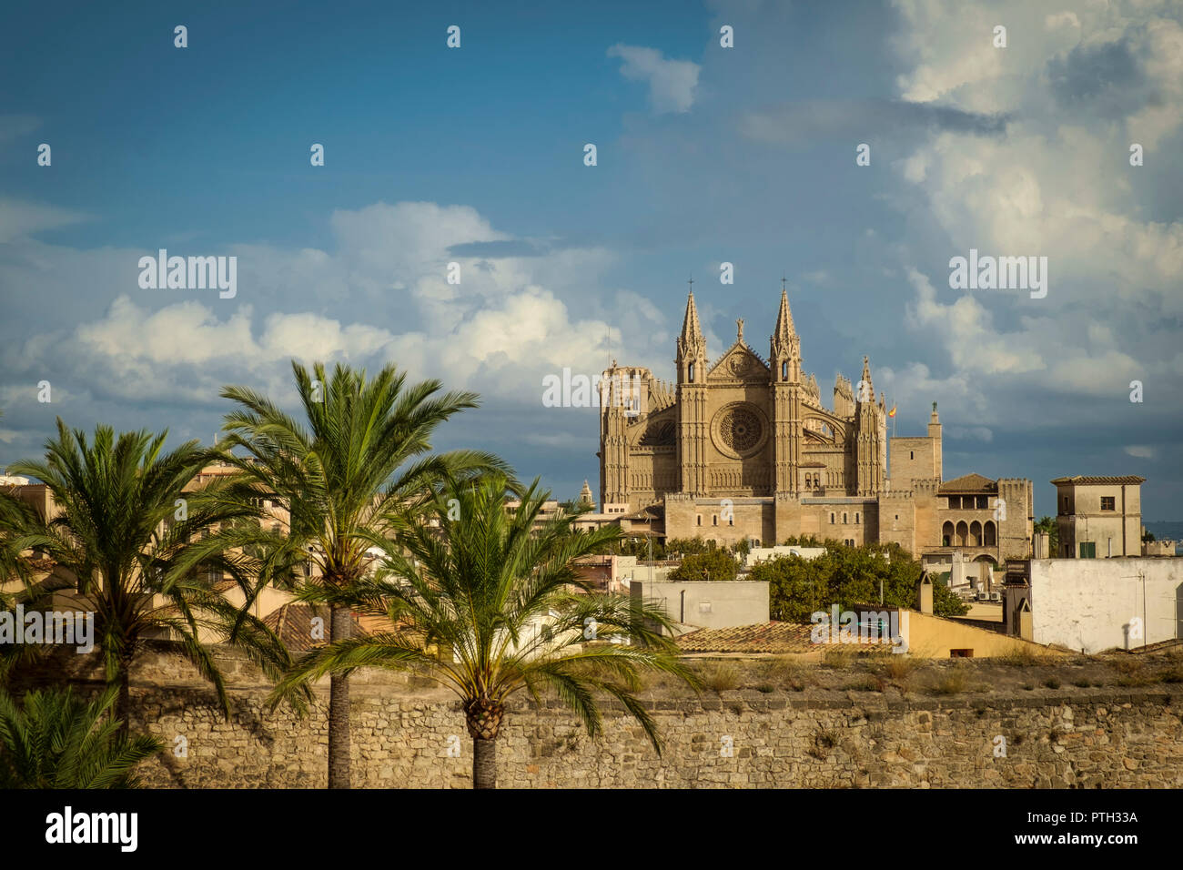 The old city walls and The Cathedral of Santa Maria de Palma, Mallorca, Spain. Stock Photo