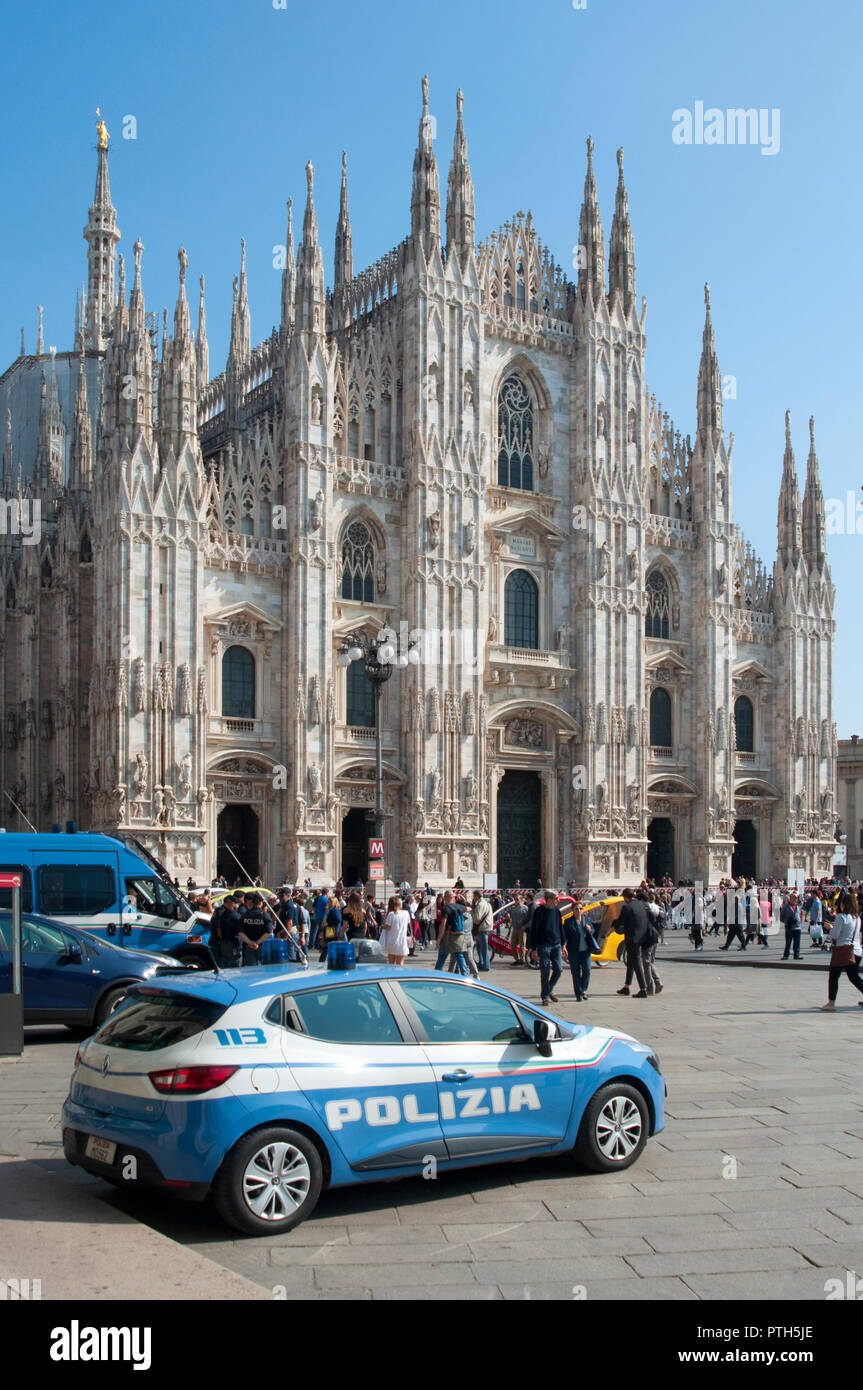 Italy. Lombardy, Milan, Piazza Duomo Square,  Italian Police Car Patrol Stock Photo