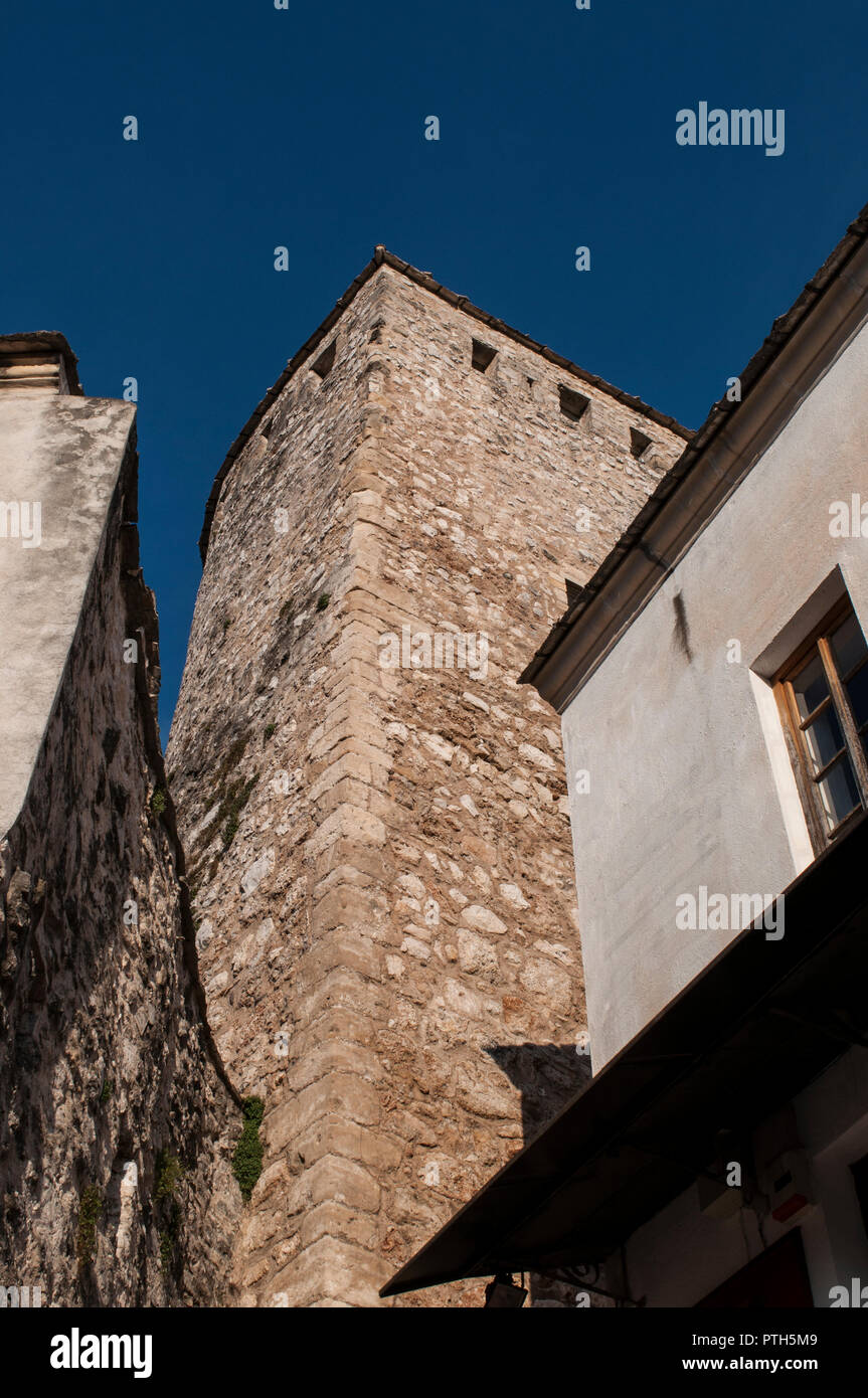 Mostar, Bosnia and Herzegovina: the skyline of Mostar with the Kula Tara (Tara Tower), the seat of the Museum of the Old Bridge Stock Photo