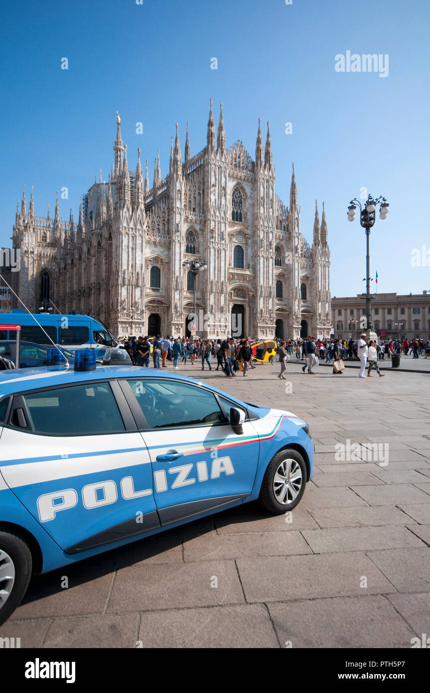 Italy. Lombardy, Milan, Piazza Duomo Square,  Italian Police Car Patrol Stock Photo