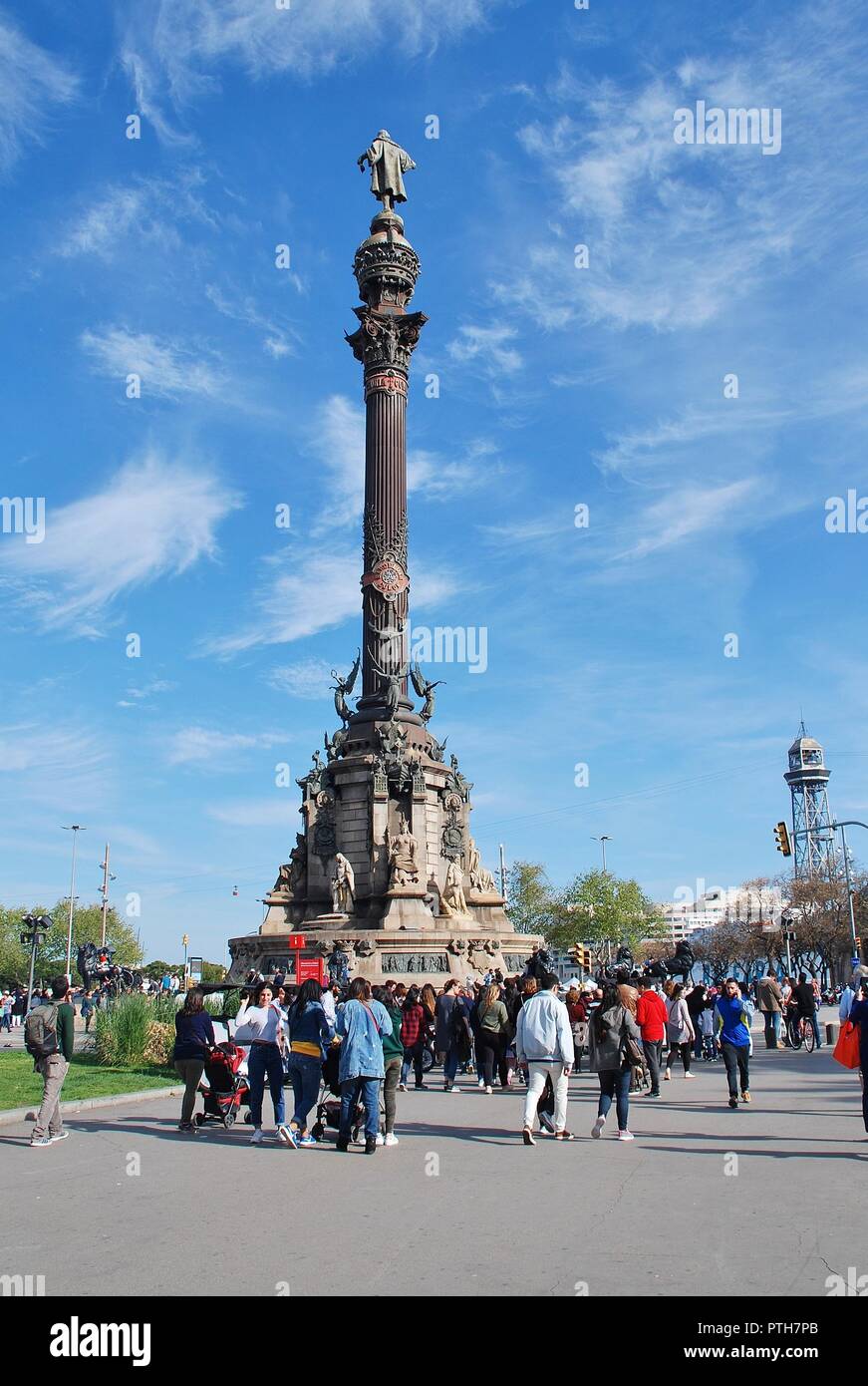 The Christopher Columbus monument at the end of La Rambla in Barcelona, Catalonia on April 15, 2018. It was completed in 1888 for the World Exposition Stock Photo