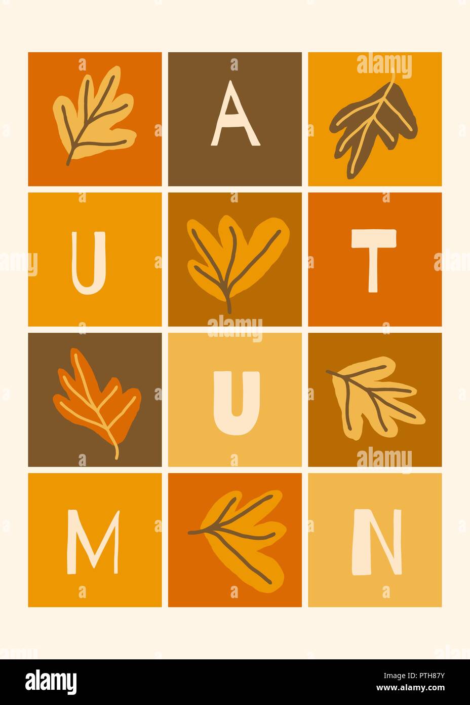 Autumn design with colorful squares, letters and leaves in orange ...