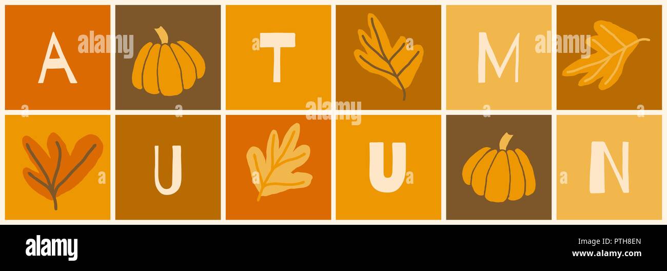 Autumn Design With Colorful Squares Letters Fruits And Leaves In