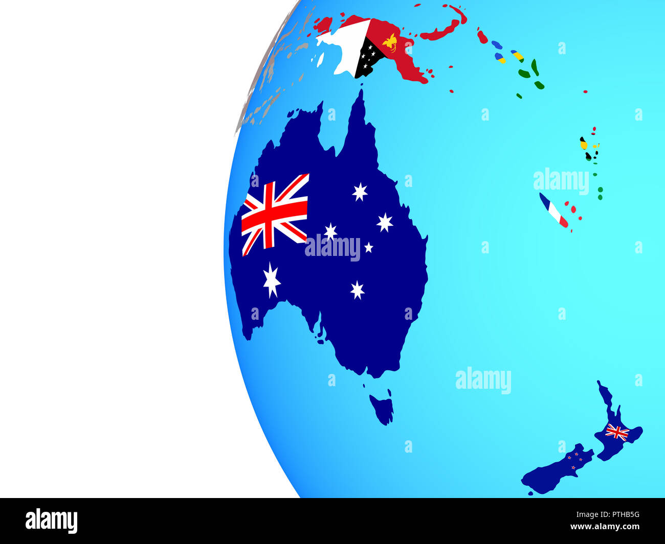 Australia with embedded national flags on blue political globe. 3D ...