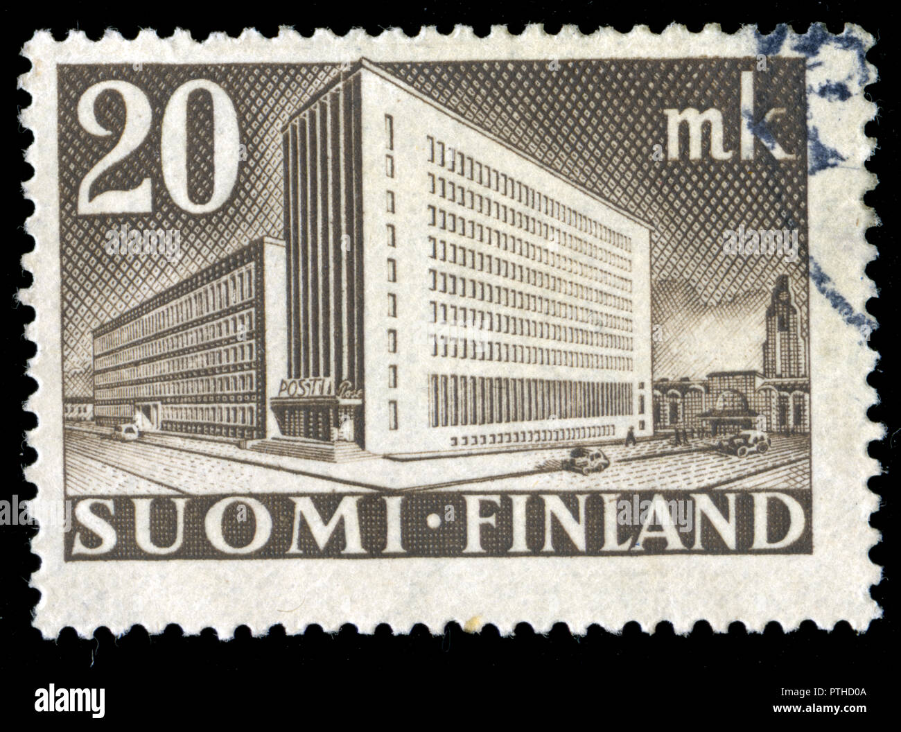Postmarked stamp from Finland in the Post Administration Building series issued in 1945 Stock Photo