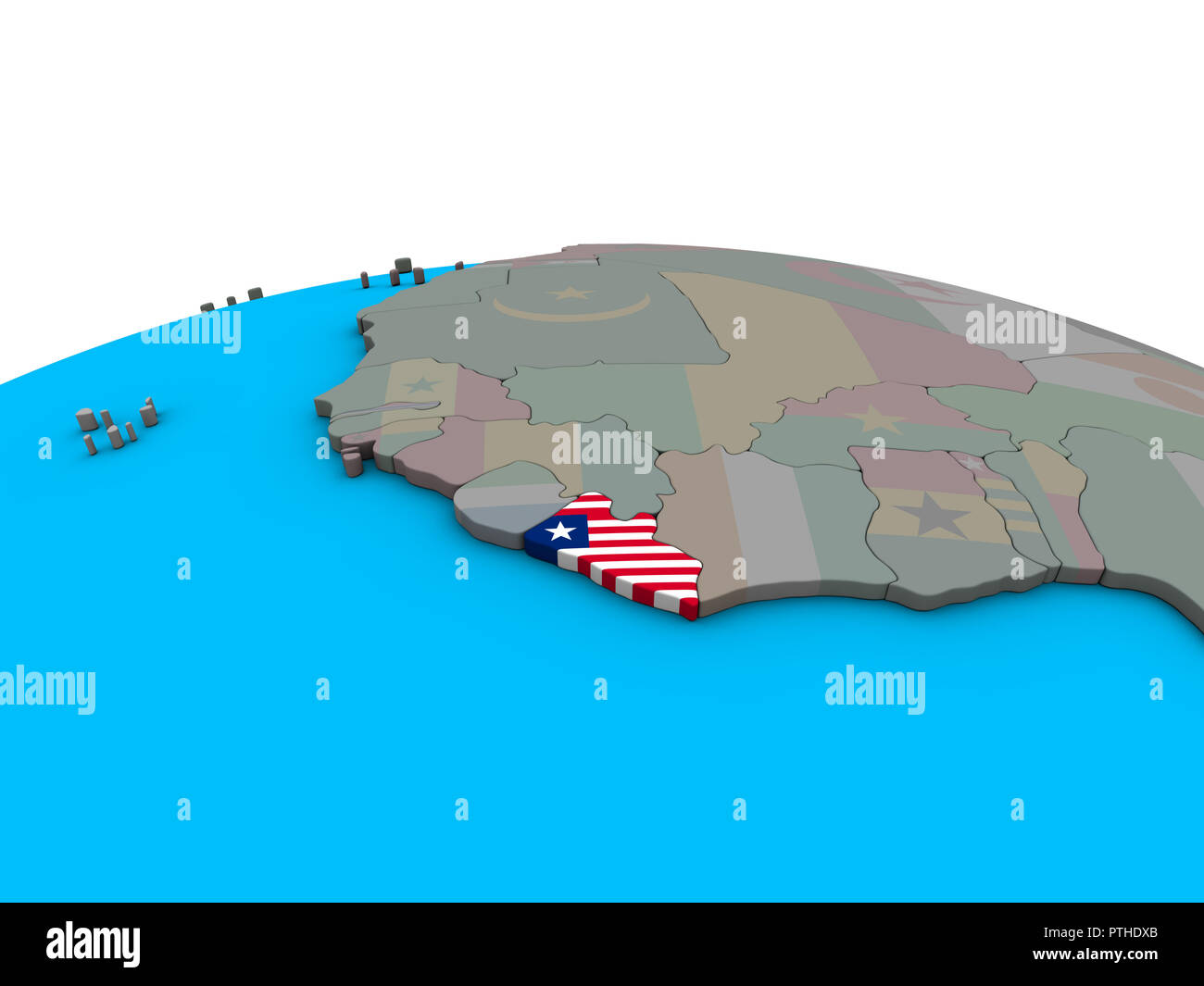 Liberia with embedded national flag on political 3D globe. 3D ...