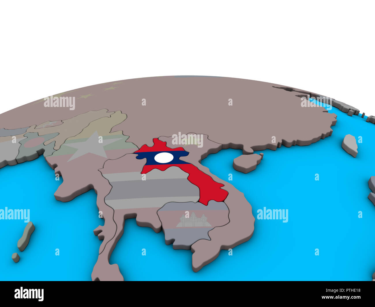 Laos with embedded national flag on political 3D globe. 3D illustration ...