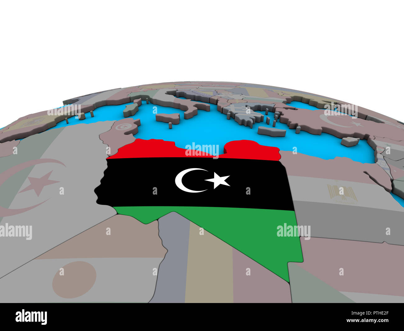 Libya with embedded national flag on political 3D globe. 3D ...