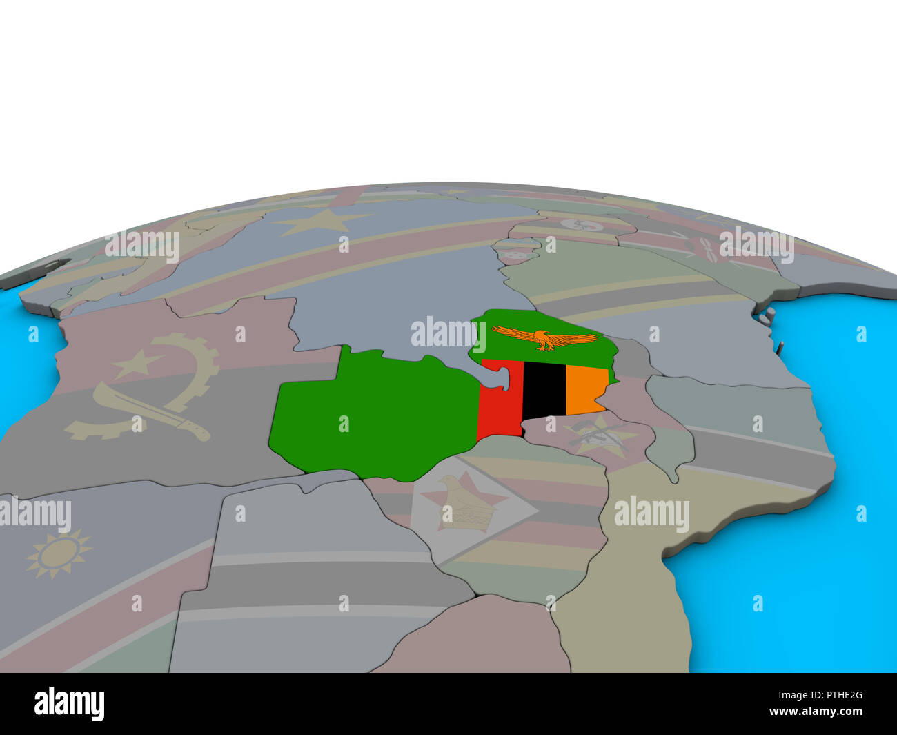 Zambia with embedded national flag on political 3D globe. 3D ...