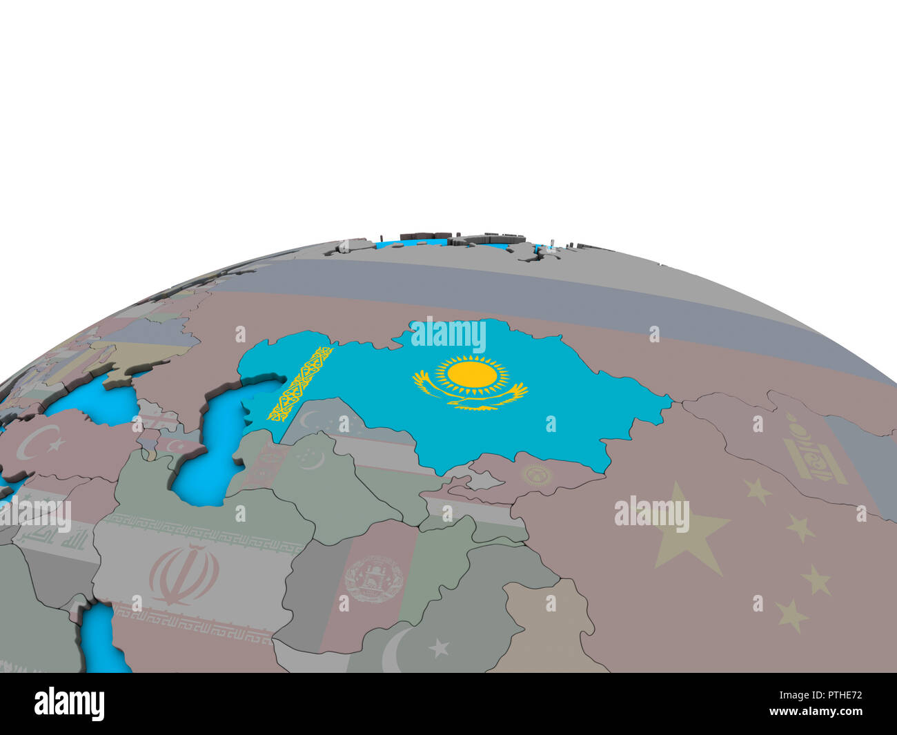 Kazakhstan with embedded national flag on political 3D globe. 3D ...