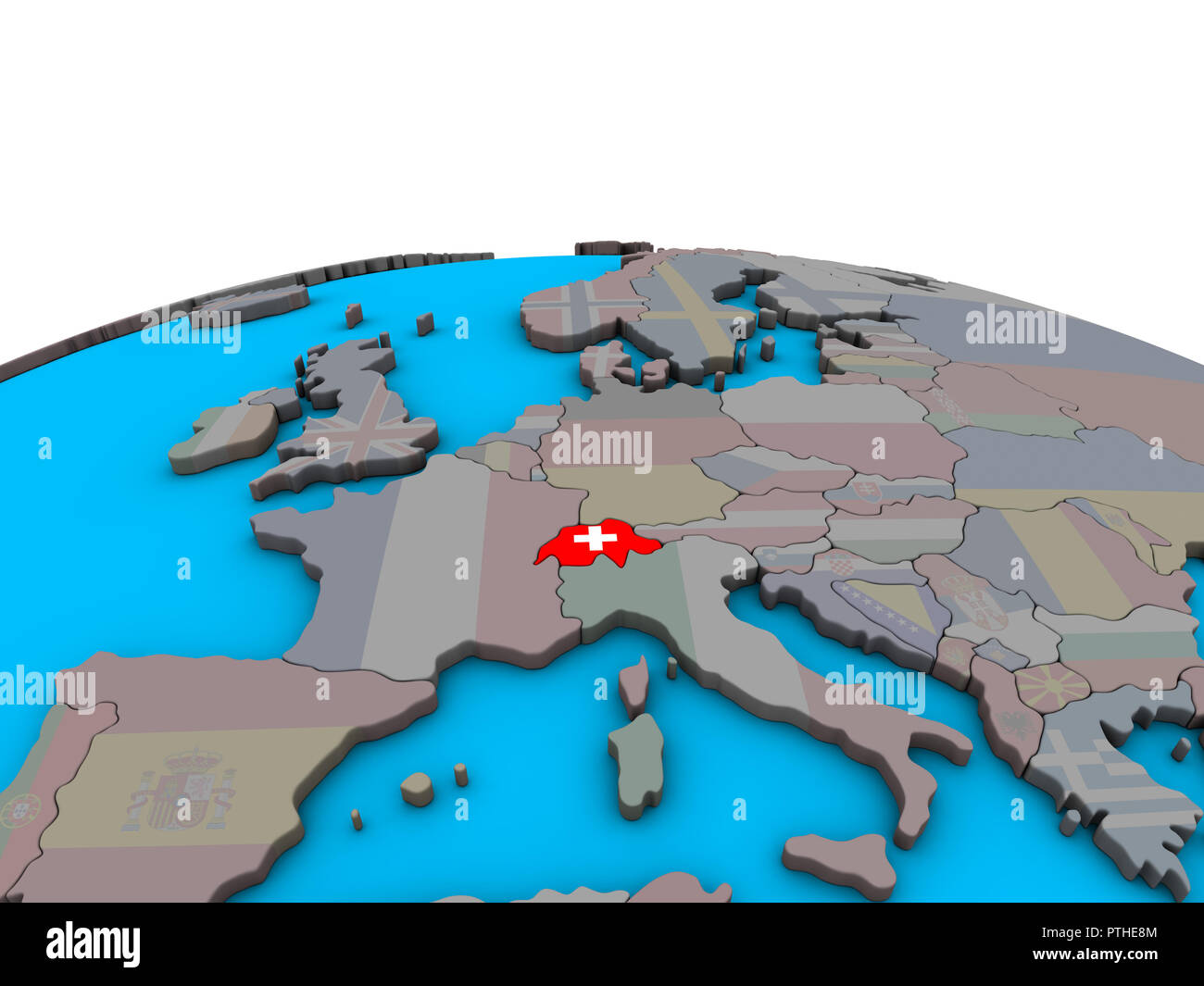 Switzerland with embedded national flag on political 3D globe. 3D ...