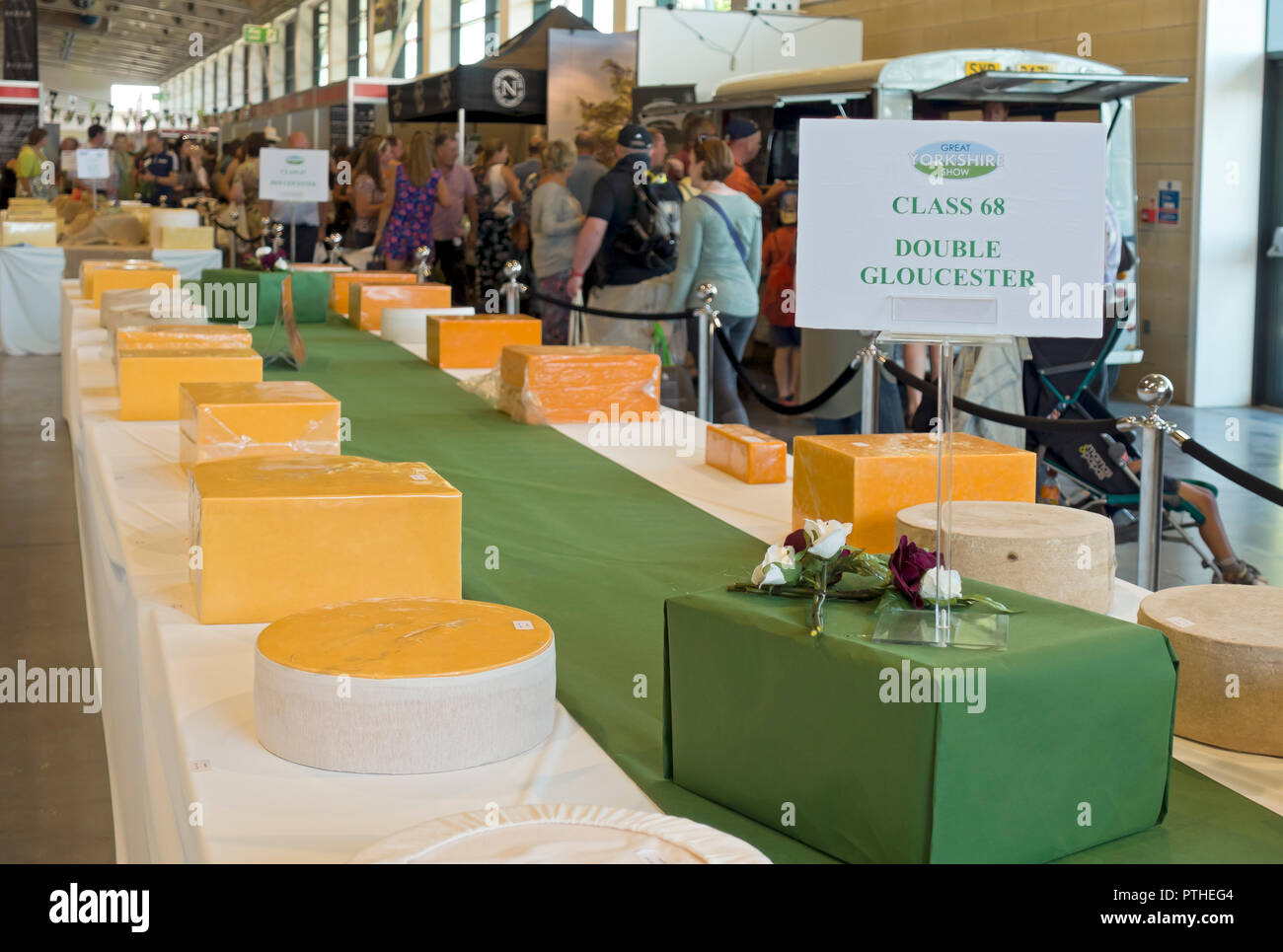 Double Gloucester cheeses cheese on display at the Great Yorkshire Show Harrogate North Yorkshire England UK United Kingdom GB Great Britain Stock Photo