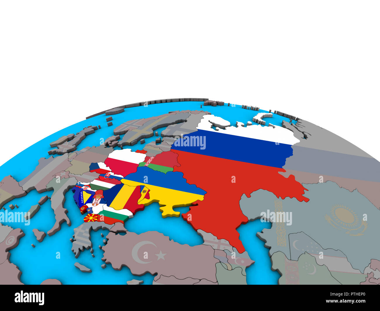 Eastern Europe with embedded national flags on political 3D globe. 3D