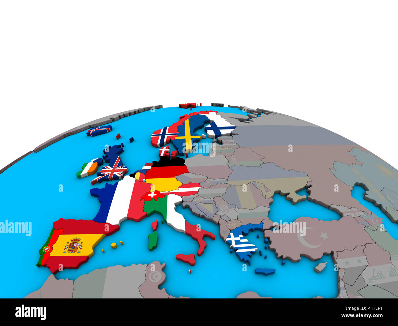 Western Europe with embedded national flags on political 3D globe. 3D