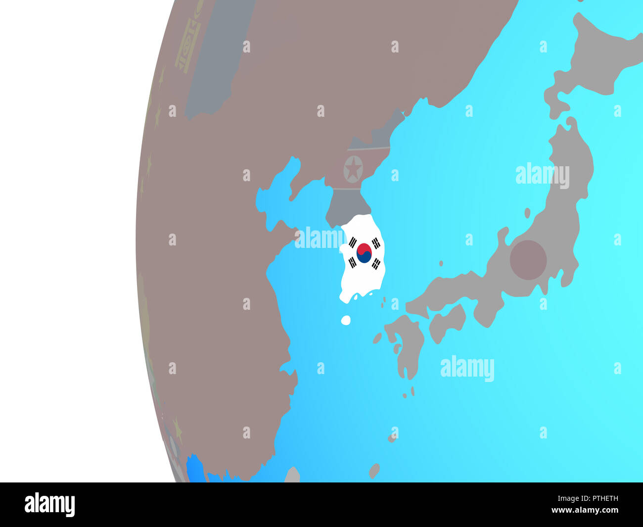 South Korea with embedded national flag on blue political globe. 3D ...