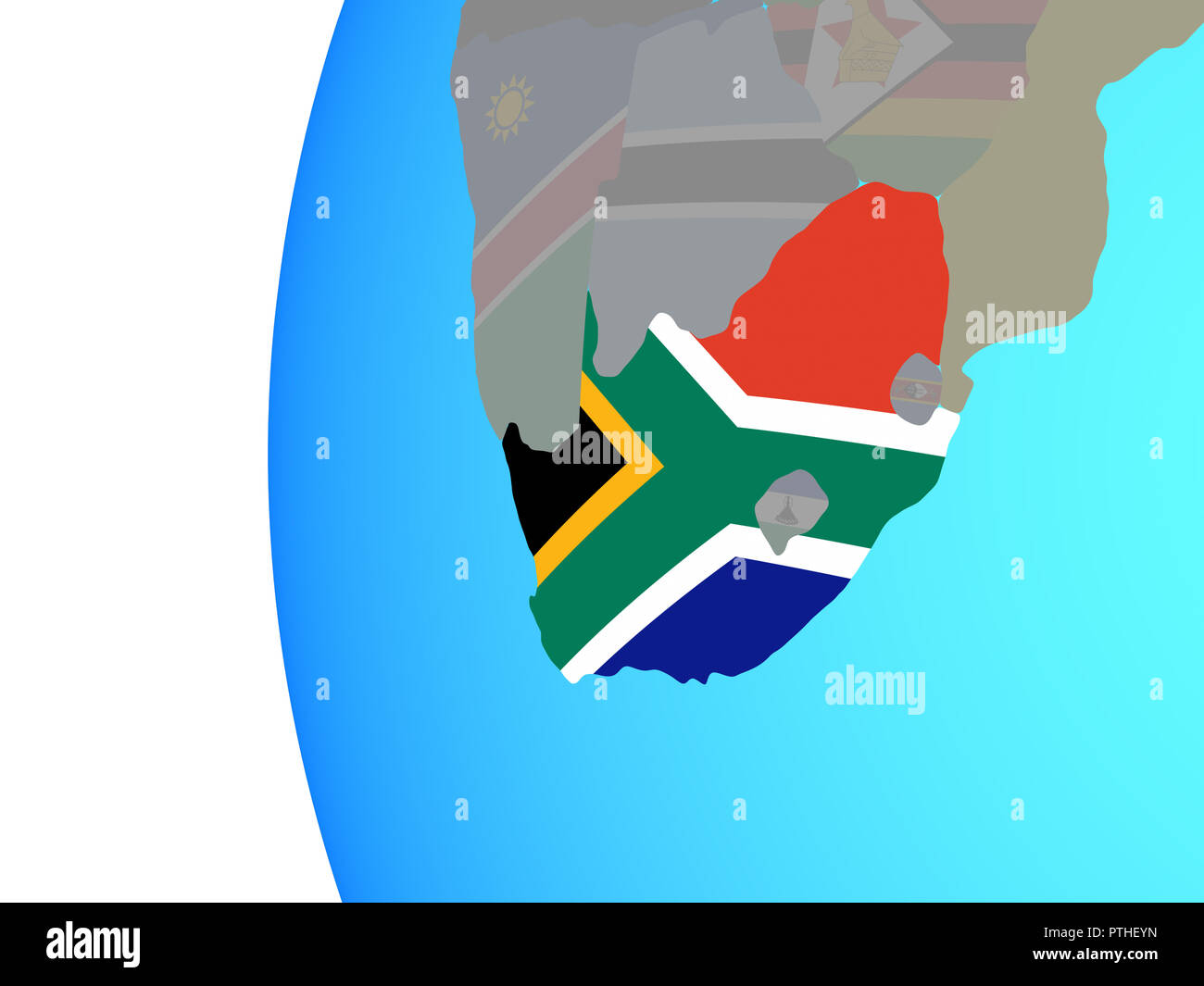 South Africa with embedded national flag on blue political globe. 3D ...