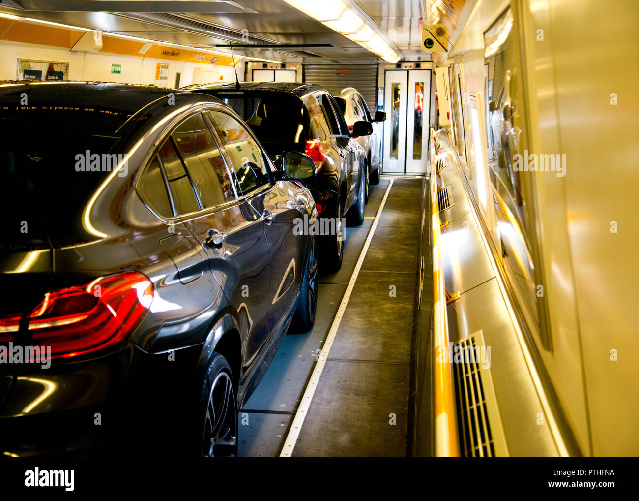 View from inside of a shuttle carriage which transports passenger vehicles through the channel tunnel. Stock Photo