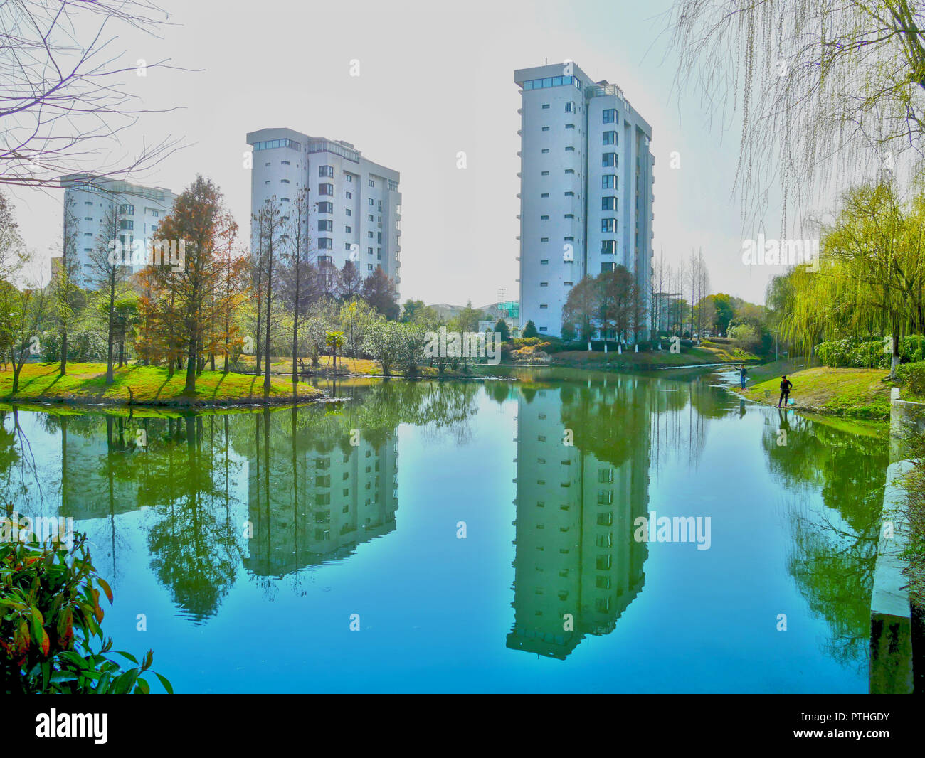 Apartments beside lake, Anting New Town Stock Photo