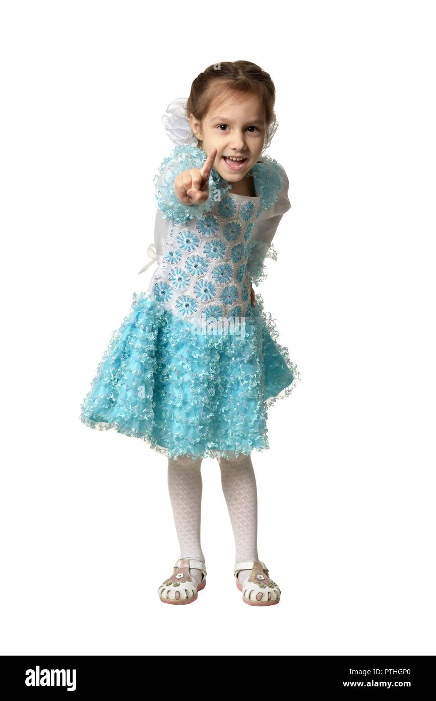 Portrait of little girl in a blue dress on white background Stock Photo ...