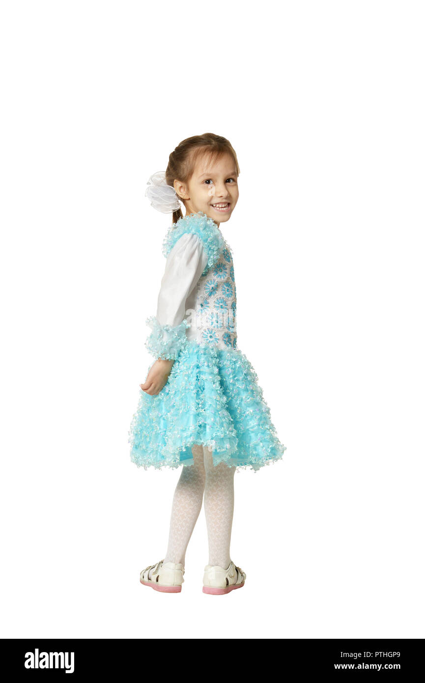Portrait of little girl in a blue dress on white background Stock Photo ...
