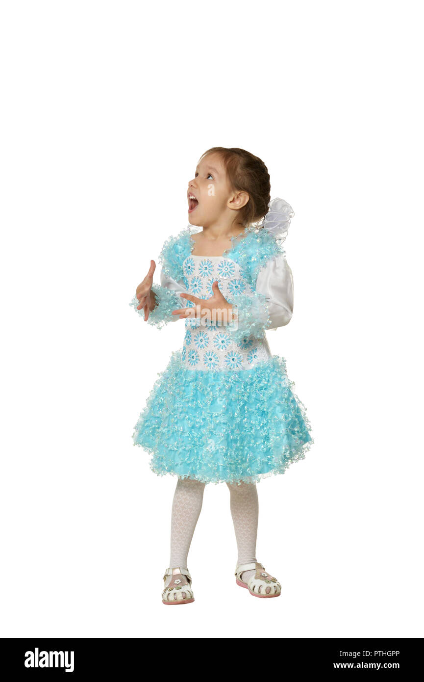 Portrait of little girl in a blue dress on white background Stock Photo ...