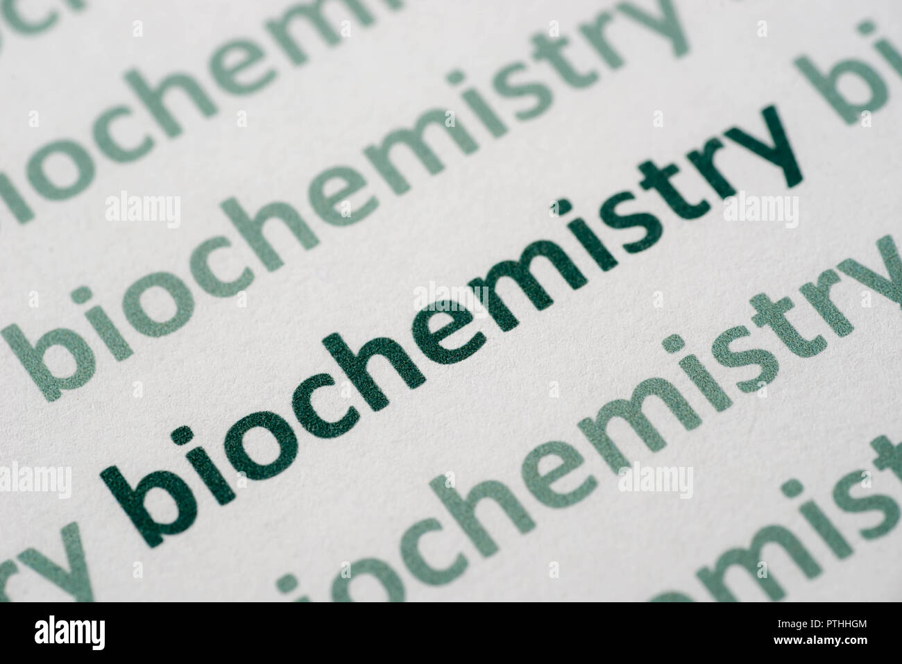 word biochemistry printed on white paper macro Stock Photo