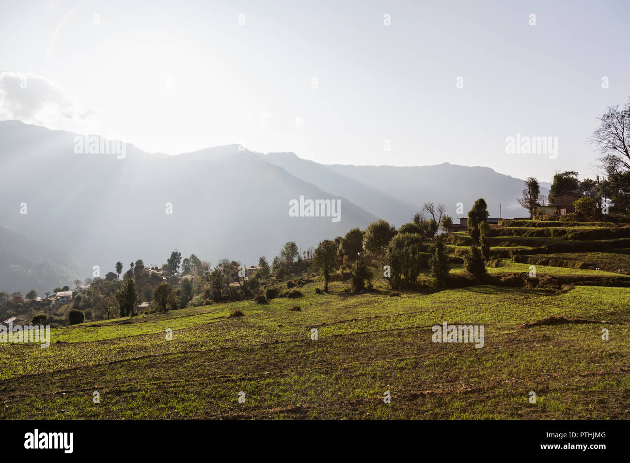 Sunny, tranquil scenic view, Supi Bageshwar, Uttarakhand, Indian Himalayan Foothills Stock Photo