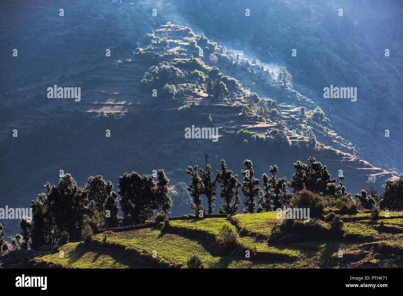 Scenic view sunny foothills, Supi Bageshwar, Uttarakhand, Indian Himalayan Foothills Stock Photo