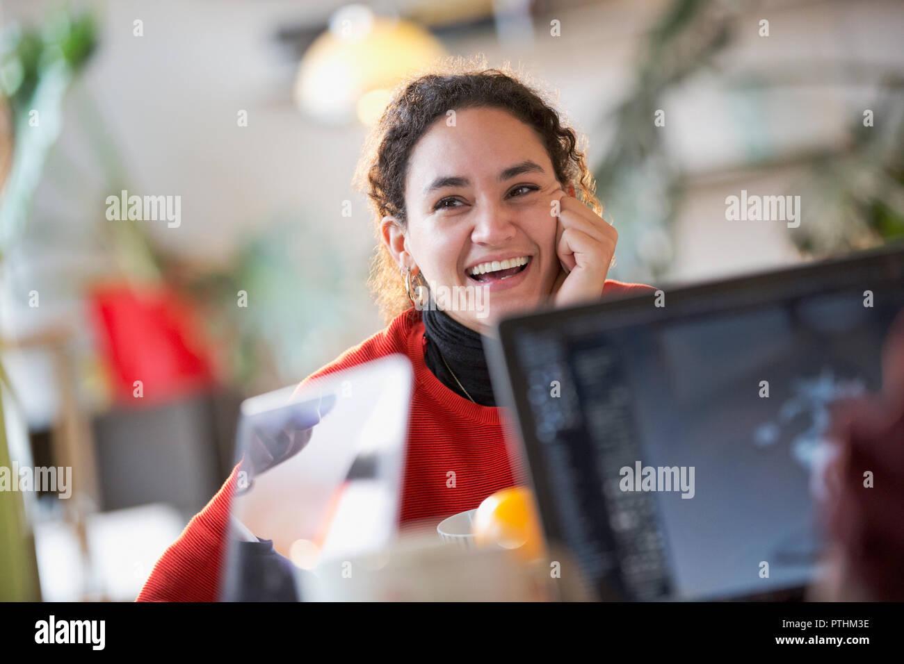 Happy young female colleague student studying Stock Photo