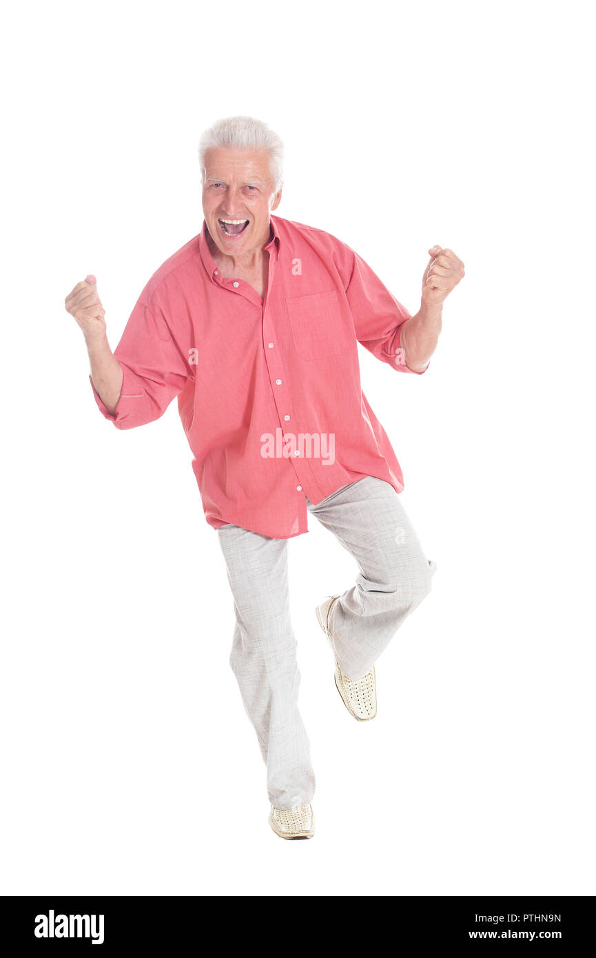 Portrait of happy senior man posing on white background Stock Photo - Alamy