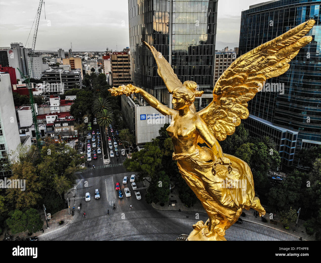 View area of Monument to the Independence of Mexico. The Angel or The Angel  of Independence. Sculpture located in the roundabout of Paseo de la Reforma  in Mexico City. high angle view. (
