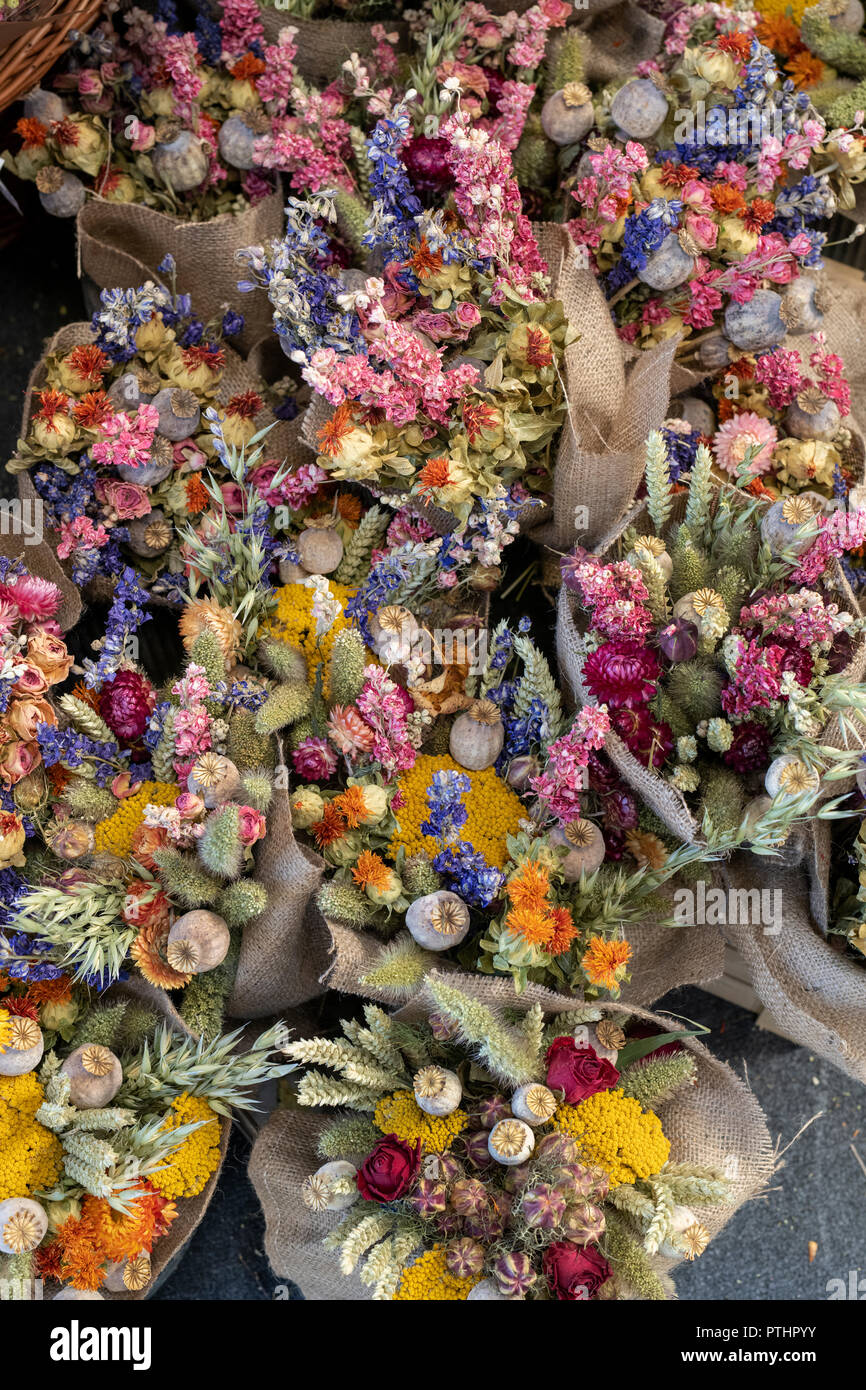 Colourful dried flower bouquets. Floral display. UK Stock Photo
