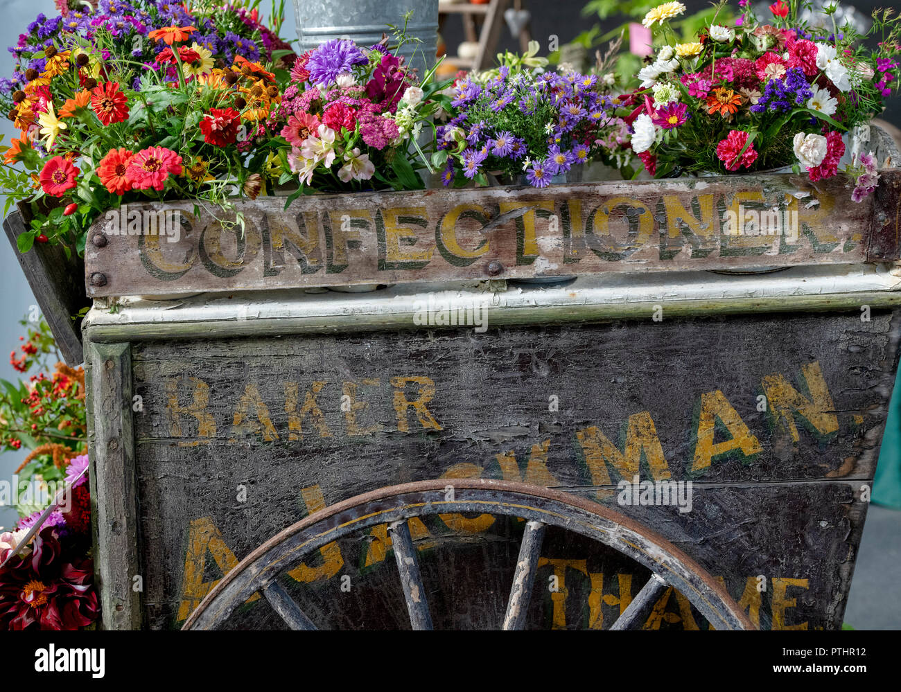 Floral display on an old wooden cart at an Autumn show. UK Stock Photo