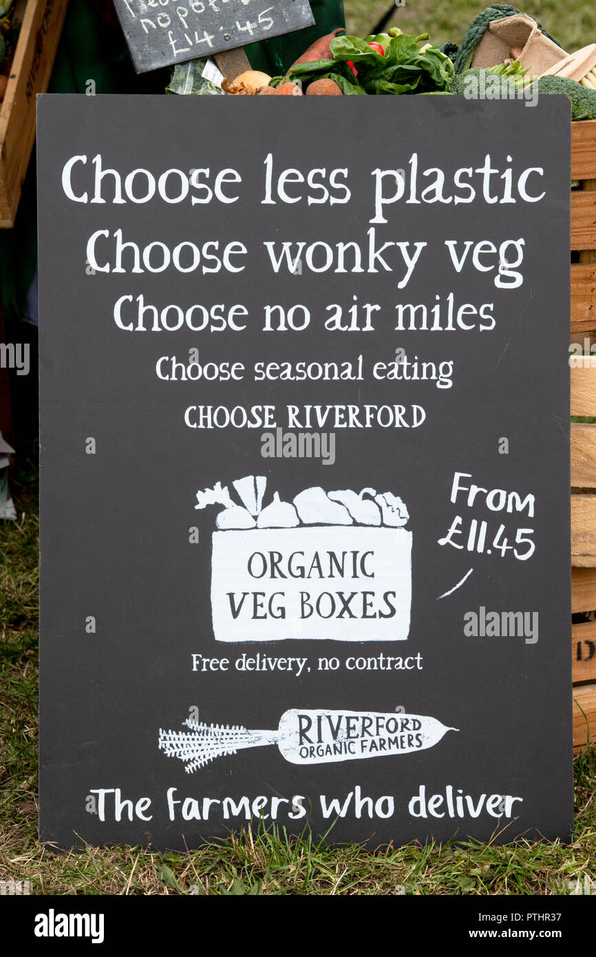 Riverford organic farmers veg box scheme sign at Thame food festival. Thame, Oxfordshire, UK Stock Photo