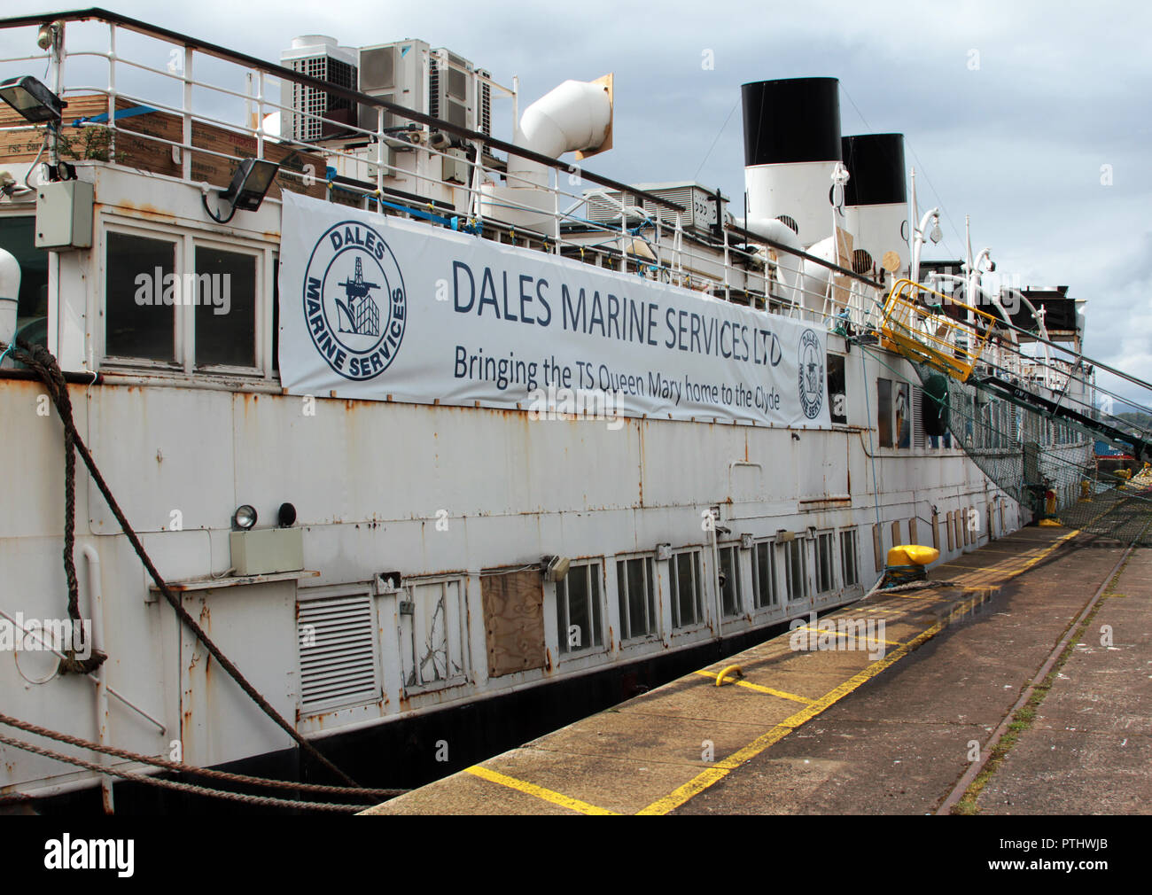 The TS Queen Mary seen here in Greenock, is one of the oldest Clyde built steamers in the world. She has been saved from the scrapyard, and now sits further up the River Clyde near Glasgow awaiting restoration and repairs. A charity has been set up to do this, backed by the Scottish actor, Robbie Coltrane. It will be permanently berthed on the Clyde and used as a educational and entertainment centre. A great ship returns to the Clyde, the home of her birth all these years ago in 1933. Date; 2018. Stock Photo