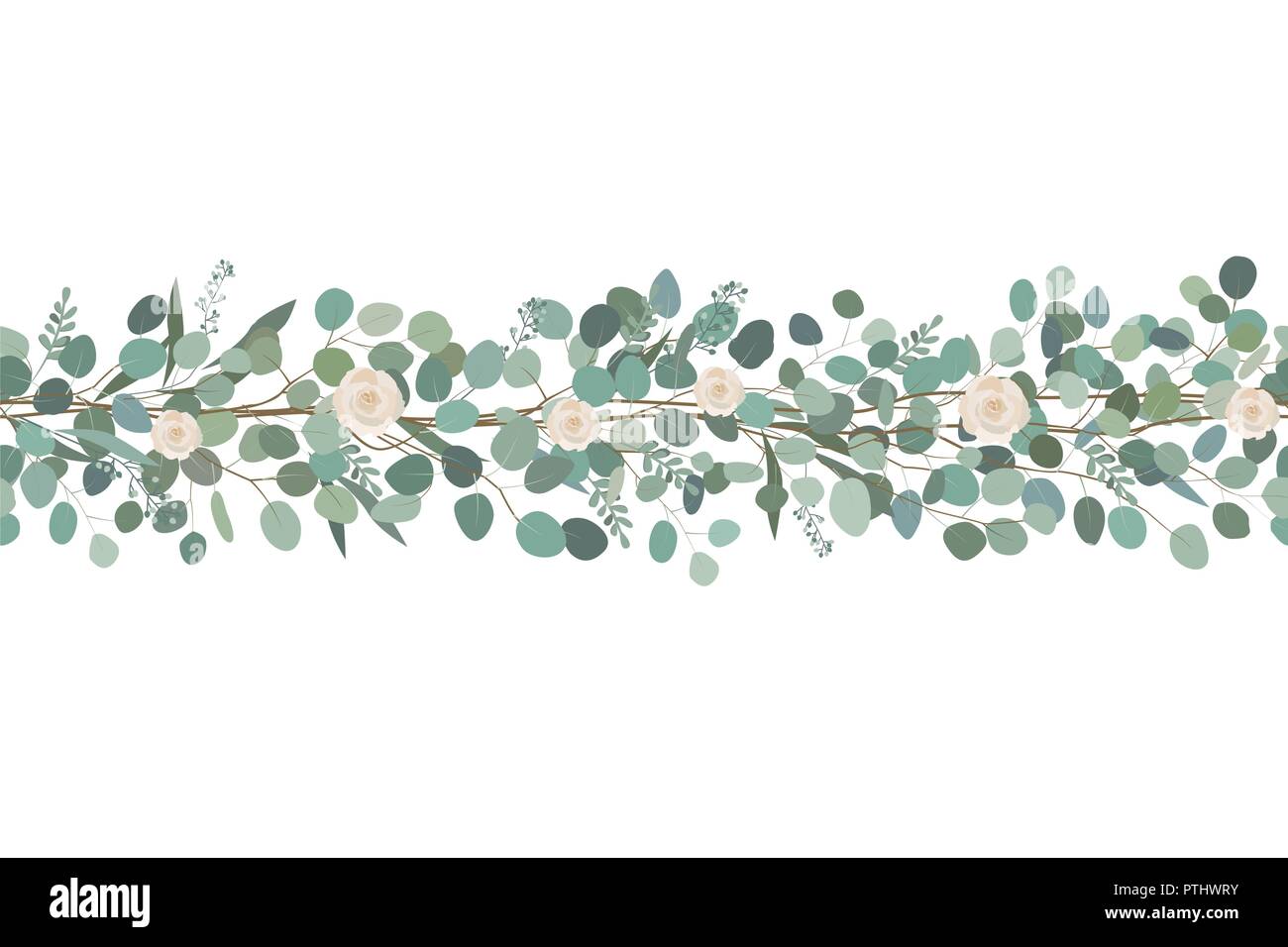 Elegant seamless border from roses and eucalyptus branches. Floral