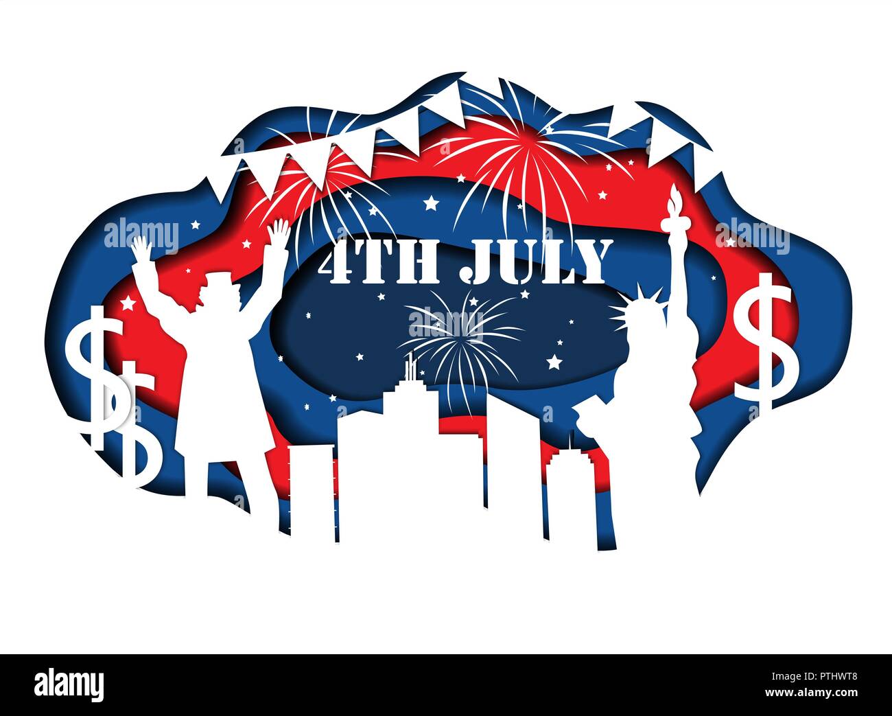 Paper cut banner for Independence Day July 4 USA with Statue of Liberty, Uncle Sam, lights, stars, and city silhouette. Vector illustration Stock Vector