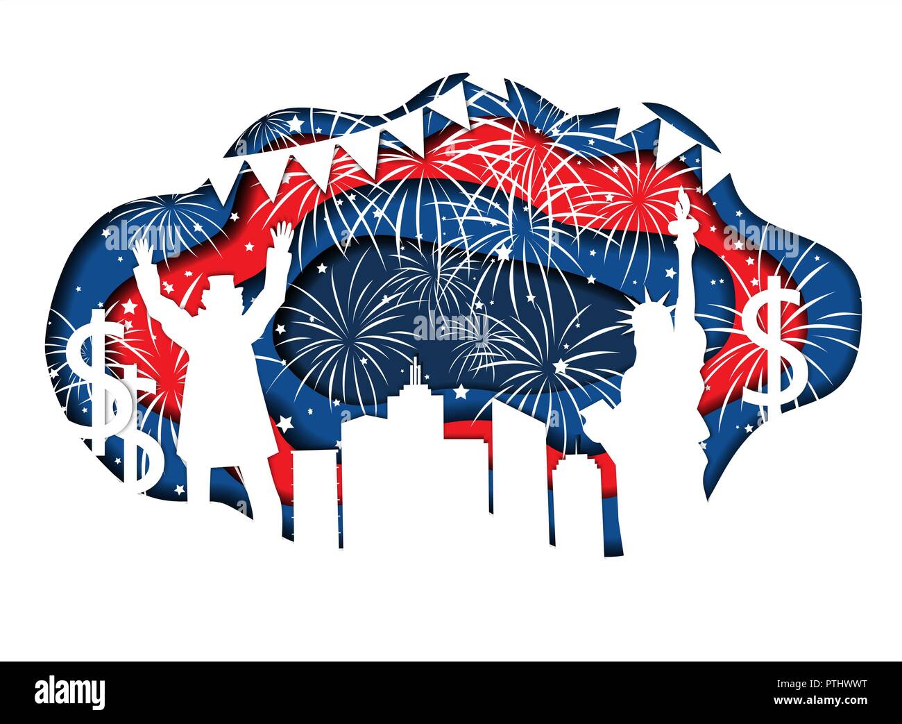 Stylish paper cut banner for Independence Day July 4 USA with Statue of Liberty, Uncle Sam, lights, stars, and city silhouette. Vector illustration. N Stock Vector